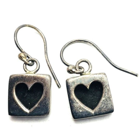 Vintage A&JH Mexico 925 Earrings Black Cutout Hearts Square Pierced Drop Classic - Picture 1 of 12